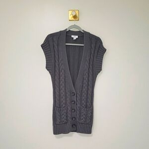 LOFT Women Cable Knit Cardigan Sweater Cap Sleeve Small Gray Pockets Buttons